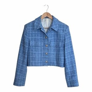 Zara Sky Blue Tweed Cropped Ladylike Blazer Small